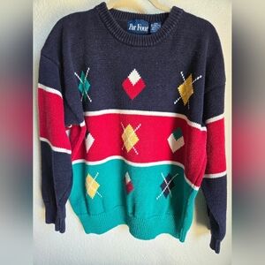 VTG Par Four Golf Sweater  M Blue Red Colorblock Pullover Colorful Knit Crochet